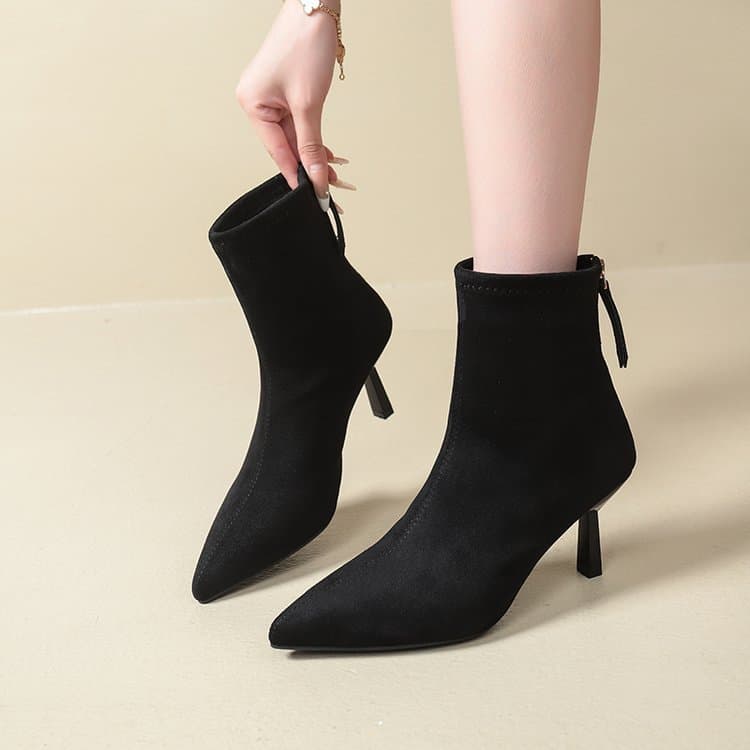 Francês apontou Toe camurça salto alto 2025 inverno velo estiramento botas finas moda All-Match Commuter botas curtas