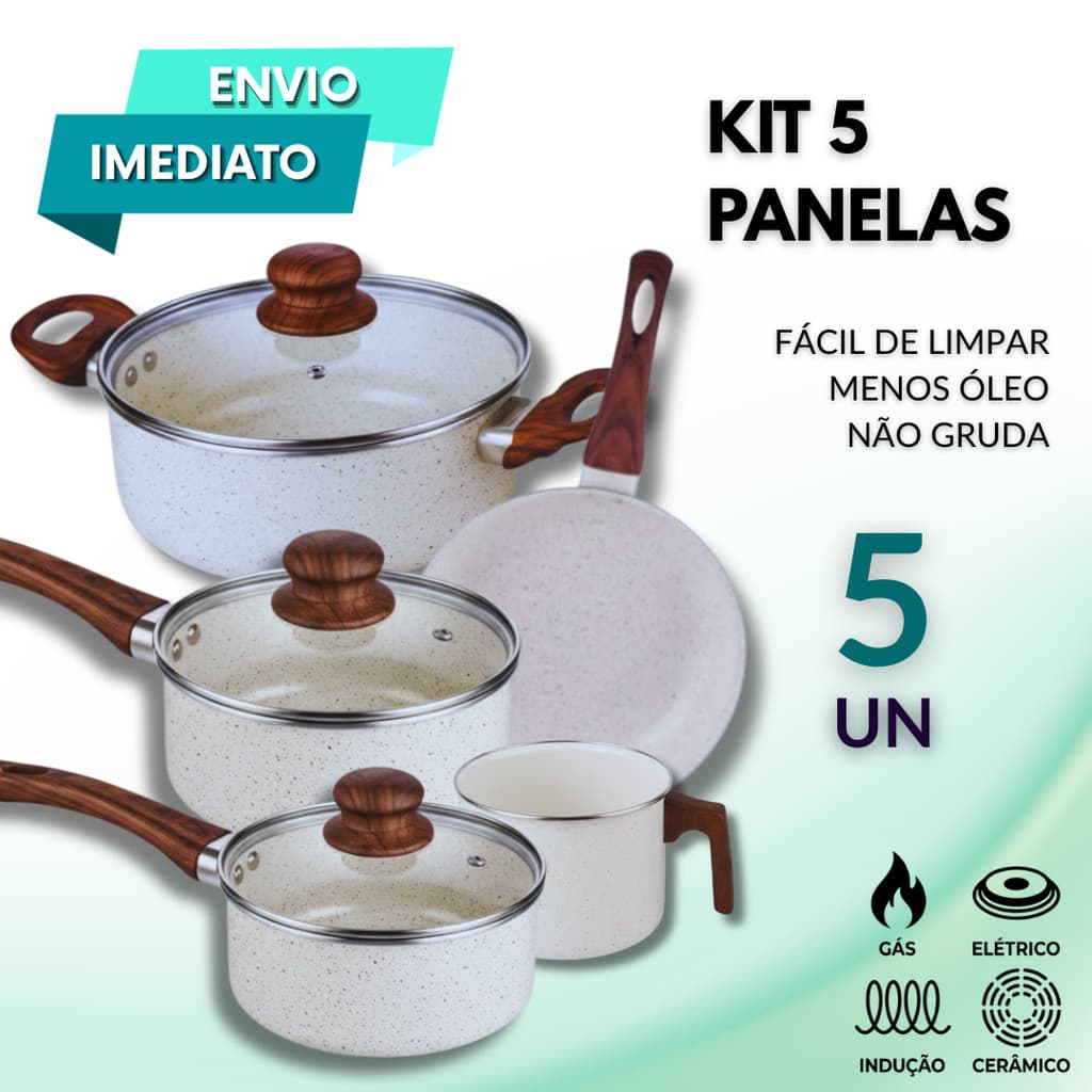 Jogo De Panelas 5 Peças REVESTIMENTO Cerâmico Não Gruda INDUÇÃO À GÁS