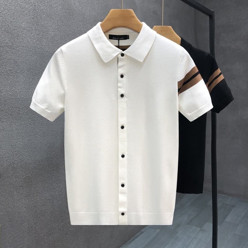 Camisa polo de manga curta masculina verão fina malha lapela camiseta High-End sentimento respirável legal camisa polo C
