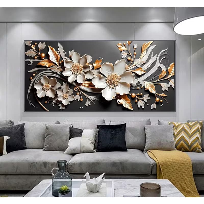 Quadro Decorativo Flores Brancas e  Douradas Luxo Moderno Vitral Decoração Sala Quarto Hall 110x70