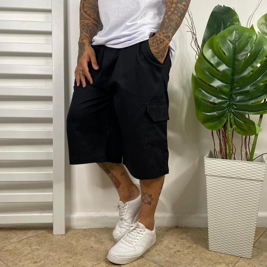 Bermuda Cargo Masculina Sarja Preta Streetwear Premium Larga