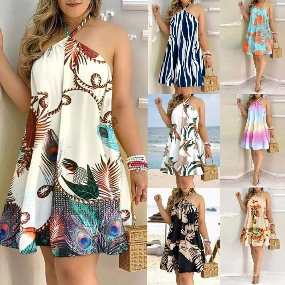 Tamanho grande verão senhoras moda estilingue Halter impressão vestido Casual praia vestido de festa HUJU