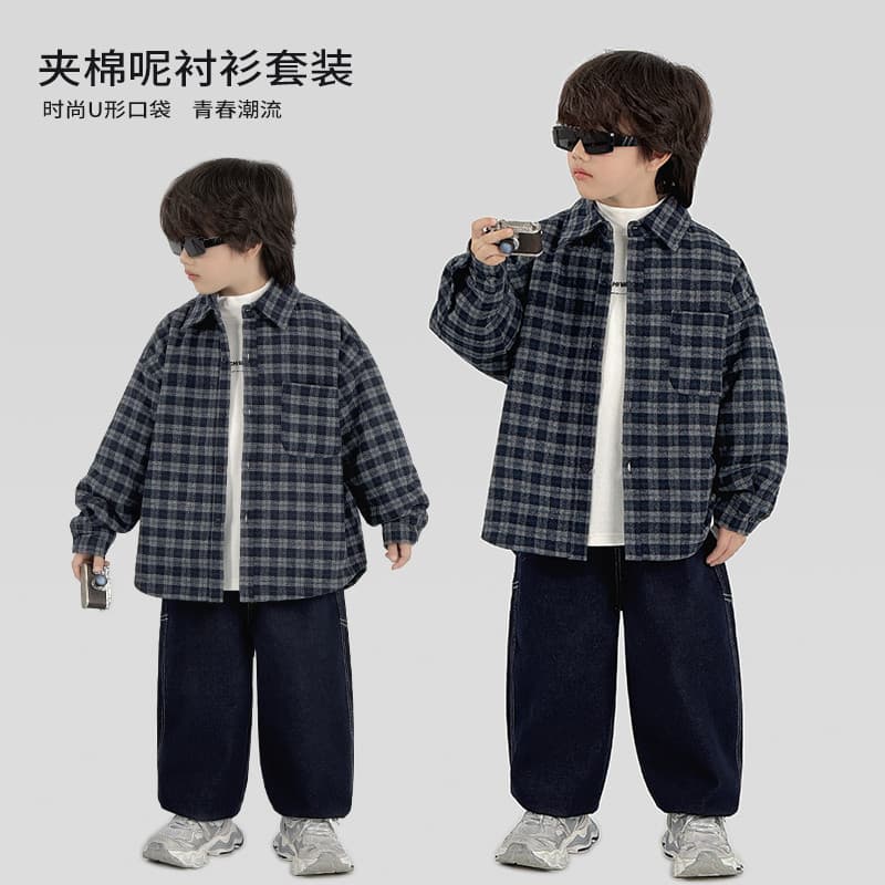 Trabalho médio meninos terno de inverno acolchoado camisa de lã camisa de fundo velo Jeans terno de três peças na moda *