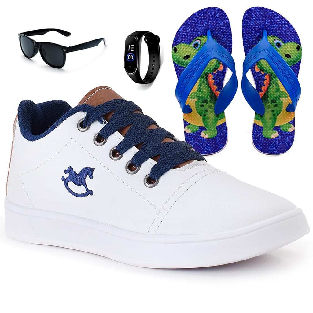 Kit Tênis Infantil Menino Branco + Chinelo + Óculos + Relógio Henry Kids