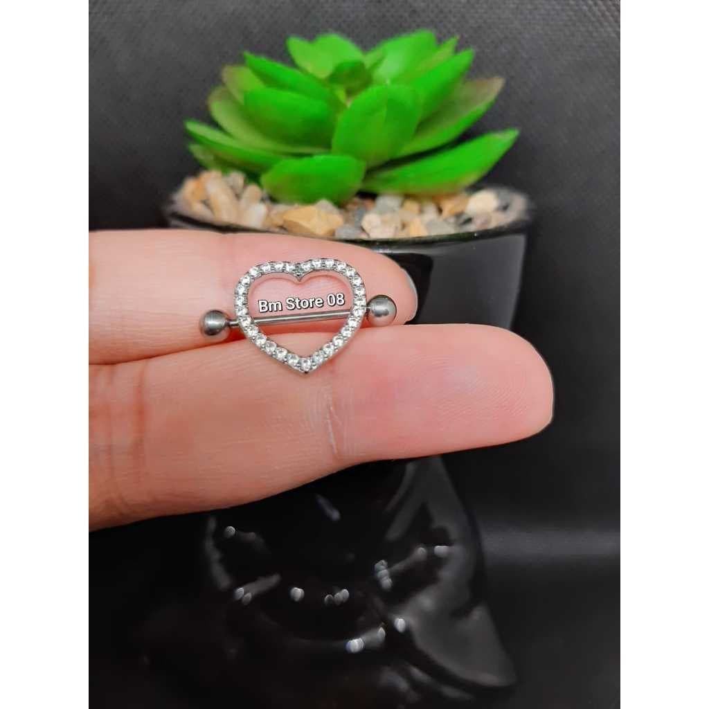 Kit 2 Piercing de Mamilo Coração Peito Seios Zircônia Aço Cirúrgico