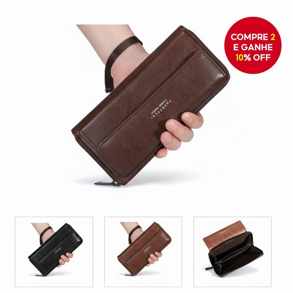 Carteira masculina com zíper longa - Porta-celular de couro PU de grande capacidade com múltiplos compartimentos para