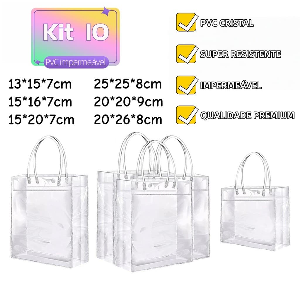 Kit 10 Sacolas PVC Transparente Resistente | Embalagem para Presente, Festas e Brindes