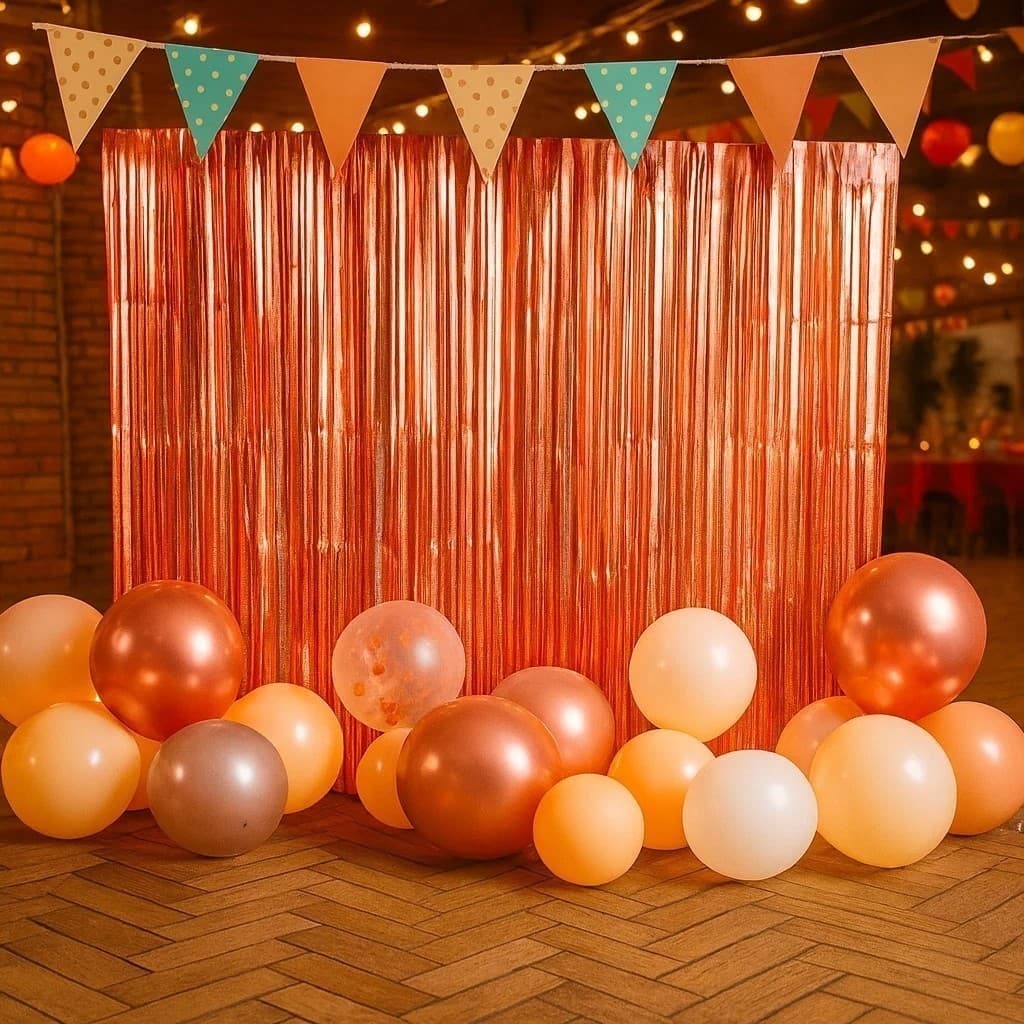 Cortina metalizada fitas rose gold decoração fundo evento brilho festa aniversário moderno elegante