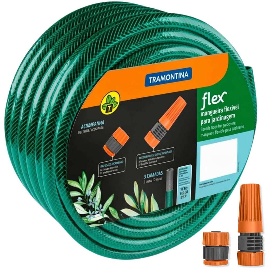 Mangueira De 15 Metros Tramontina Flex Verde Em Pvc 3 Camada 1/2'' Kit Esguicho Irrigação Trançada