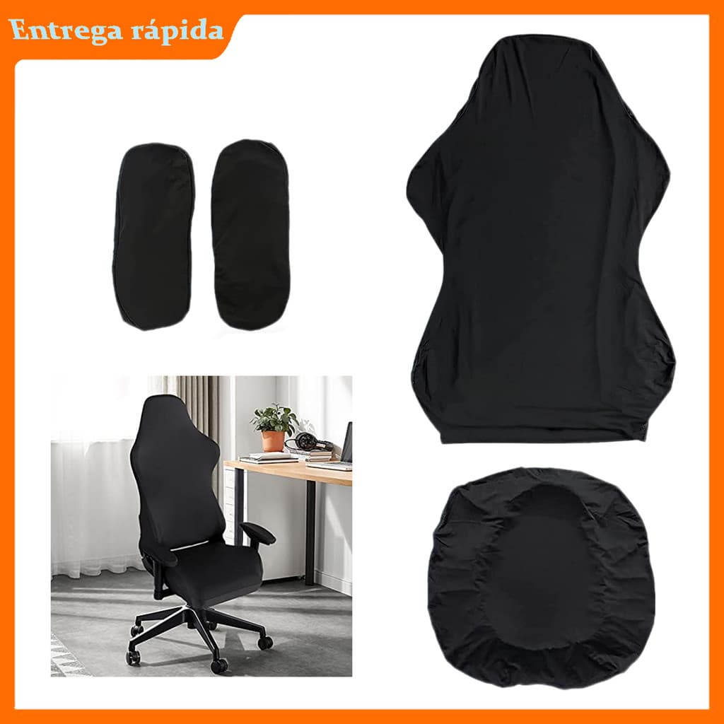 Kit 4 peças capa para cadeira gamer, 2 capas para braços, 1 encosto, 1 assento, preta elástica, protetor anti sujeira