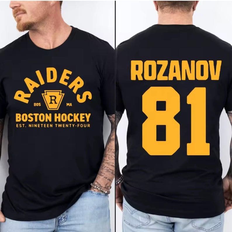 2026 Camiseta Preta Oversized Unissex, Design com "RAIDERS BOSTON HOCKEY" e "ROZANOV 81", Moda Esportiva
