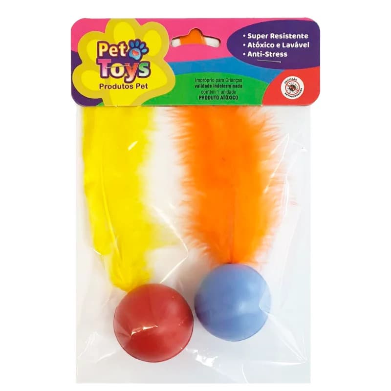 Brinquedo para Gato Bolinhas com Penas e Guizo Cores Sortidas Cartela com 02 Bolinhas Sortidas