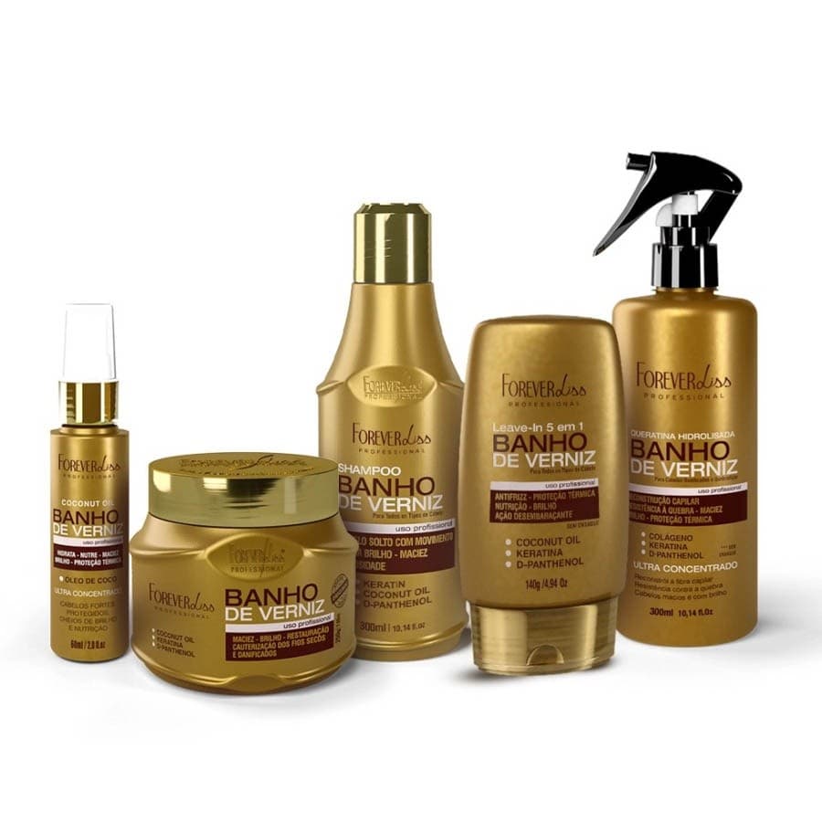 1083FL-Kit Capilar completo da linha Banho de Verniz(Shampoo+queratina+mascara+leave-in+óleo de coco)  - Forever Liss