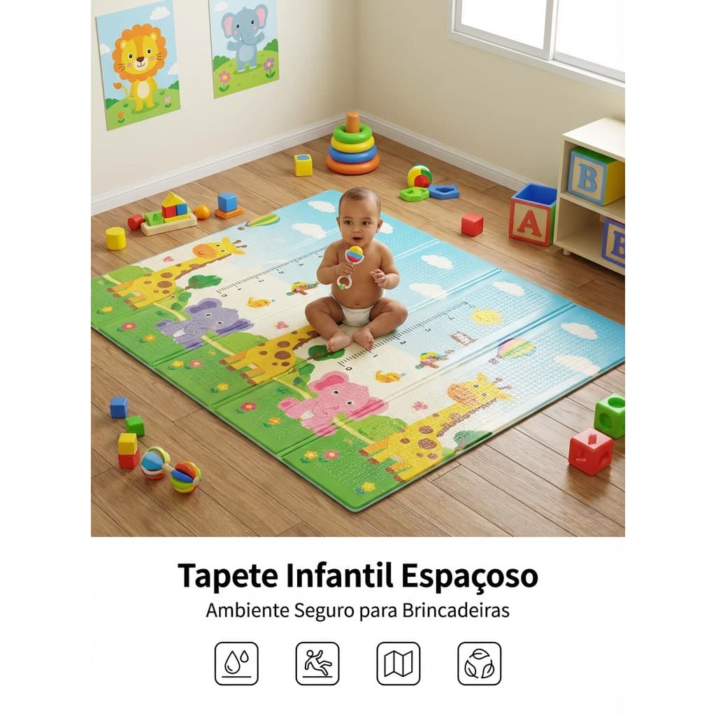 Tapete Infantil de Atividades Dobrável Térmico Emborrachado XPE Impermeável para Bebê 1,80m x 2,00m