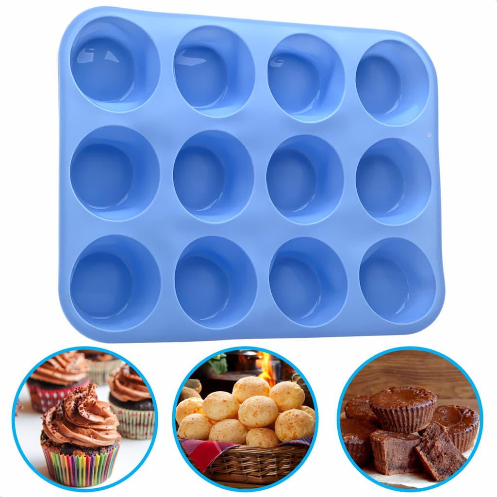 Assadeira De Silicone 12 Cavidades Forma Pão De Queijo Muffins Bolinhos Azul Claro