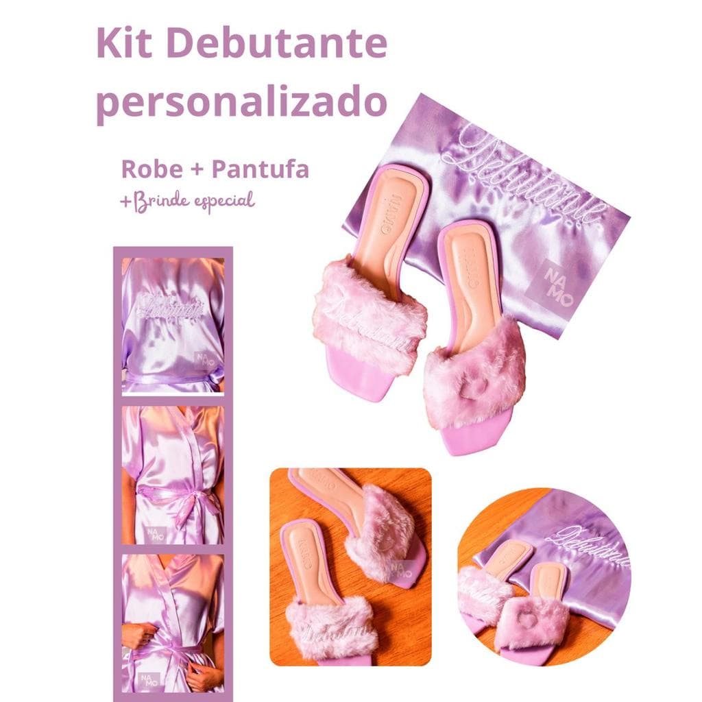 Kit Robe Bordado Debutante Roxo com Pantufa Bordada – Conjunto Exclusivo para 15 Anos
