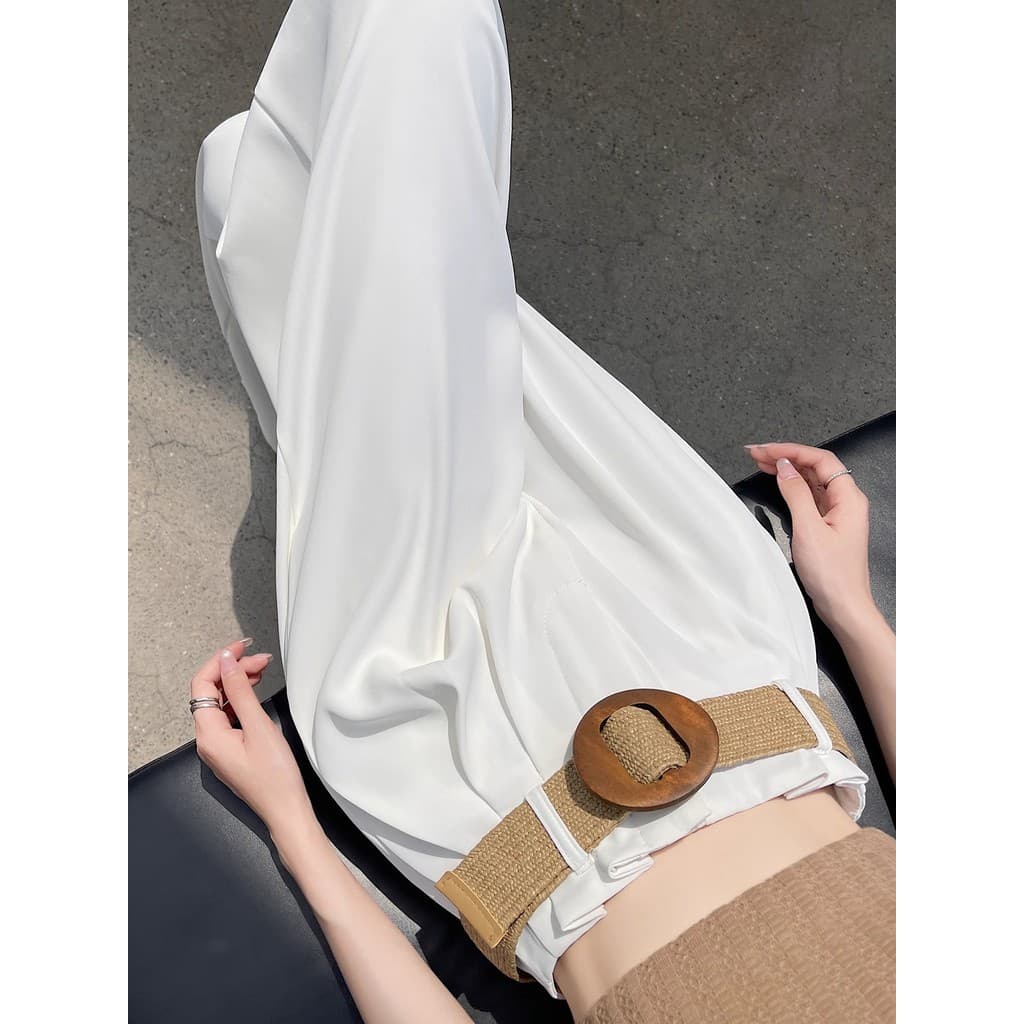 Branco gelo seda algodão linho calças de perna larga feminino verão fino terno calças High-End Drape sentir esfregar Cas