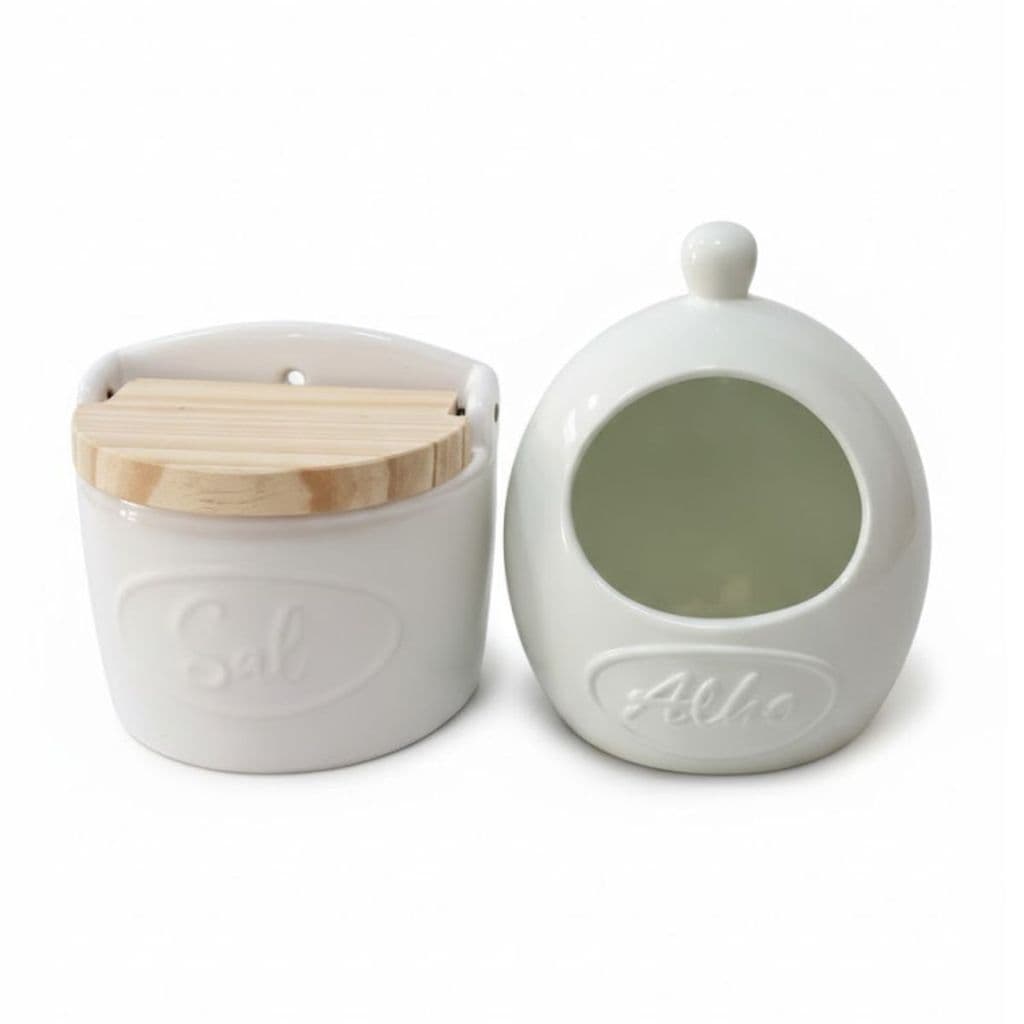 Saleiro 500g + Porta Alho em Cerâmica Premium