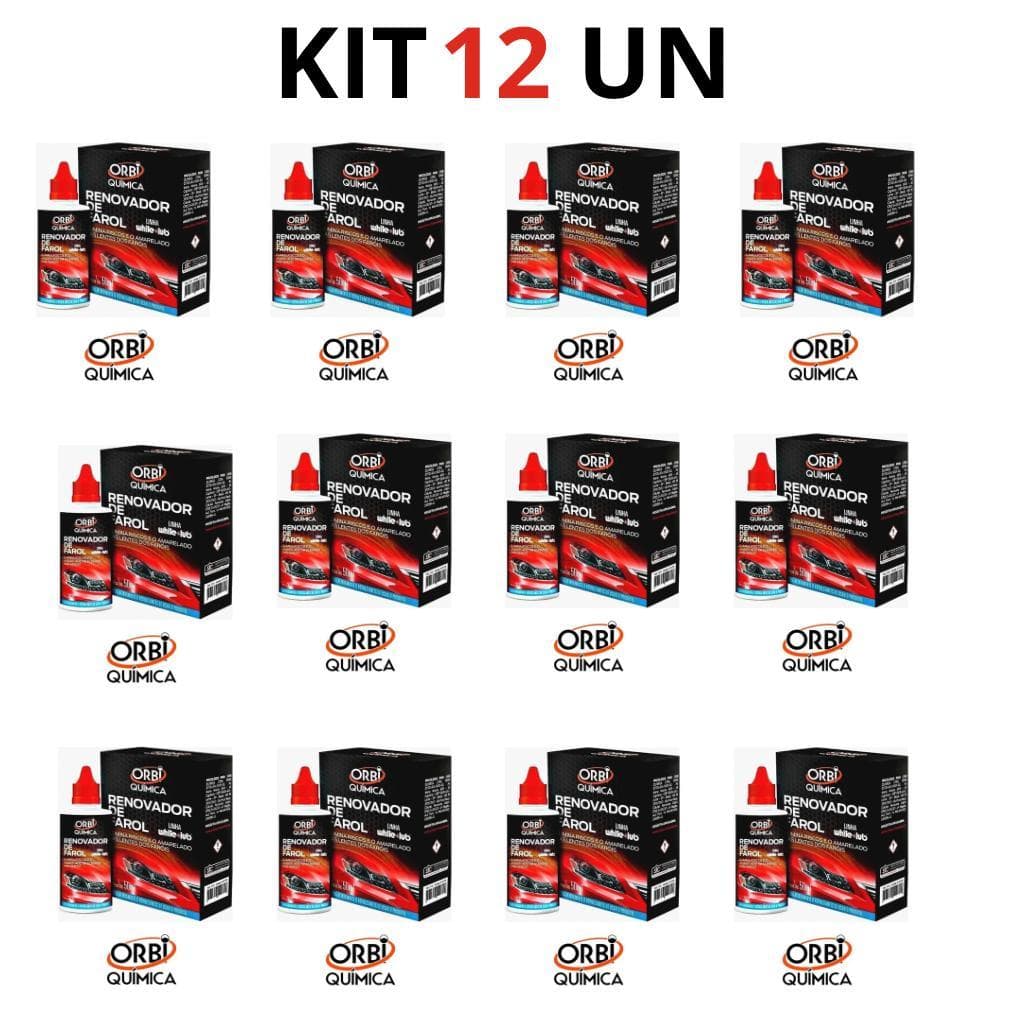 KIT 12 Renovador de Farol Tira Amarelado Aspecto Fosco e Riscos Orbi Revitalizador 50ml + Estopa