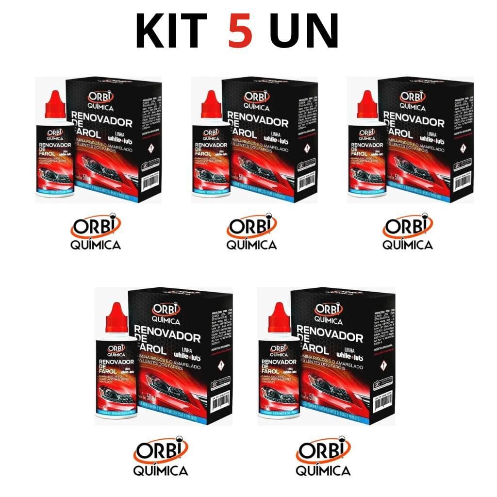 KIT 5 Renovador de Farol Tira Amarelado Aspecto Fosco e Riscos Orbi Revitalizador 50ml + Estopa