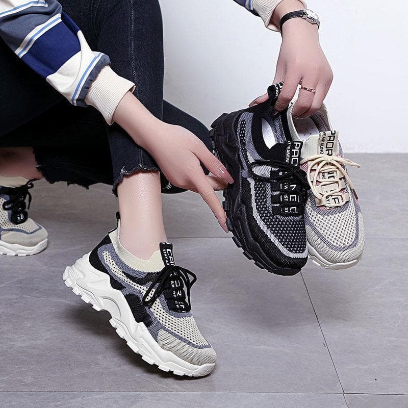 Respirável voando tecido papai sapatos femininos 2024 primavera outono novo estilo All-Match Casual de sola grossa espor