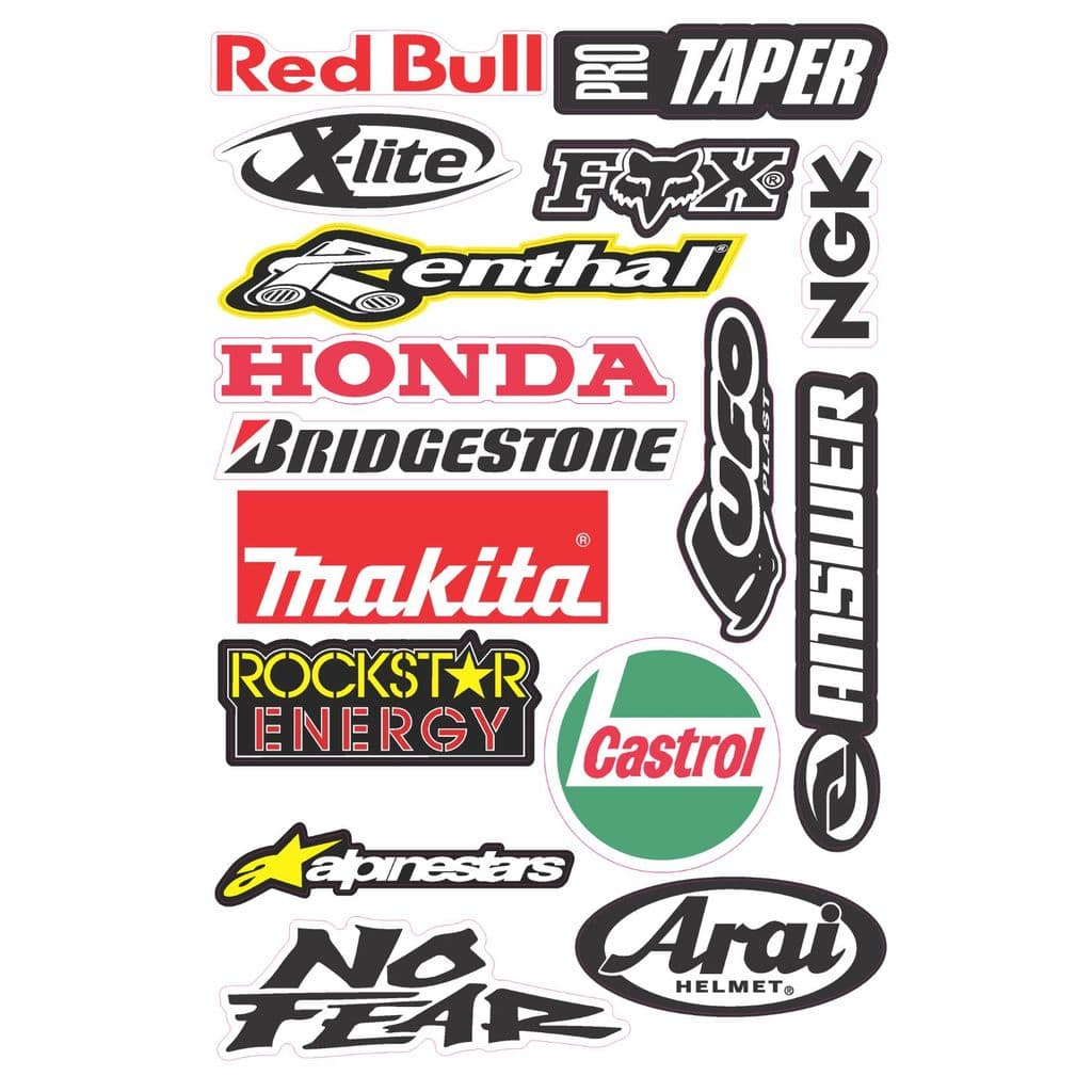 Cartela com 16 Adesivos de Patrocínio em Vinil Premium Para Baú Moto Motoqueiro Honda Yamaha