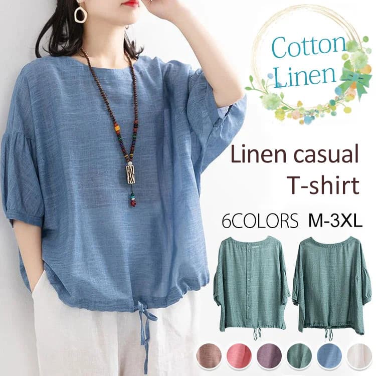 【Linho 100% Natural】 Camiseta Feminina Casual Confortável - Verão/Moda Diária/Roupas Respiráveis