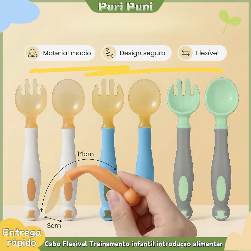 Kit Treinamento Alimentar em Silicone - Colher e Garfo Resistentes com Cabo Flexível para Bebês