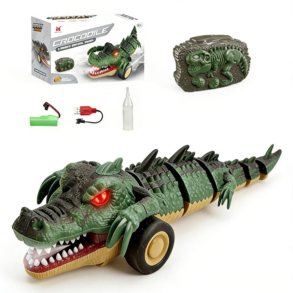 Carrinho Controle Remoto Crocodilo Solta Fumaça Giro 360° Com Luzes LED Brinquedo Off-Road Presente Menino Infantil