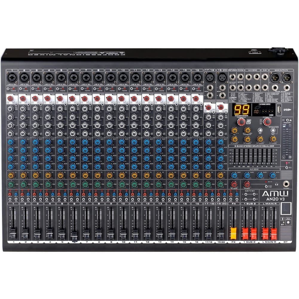 AMW AN20 v3 - Mesa de Som 20 Canais com 4 saídas Auxiliares DSP 99 EFX BT Interface