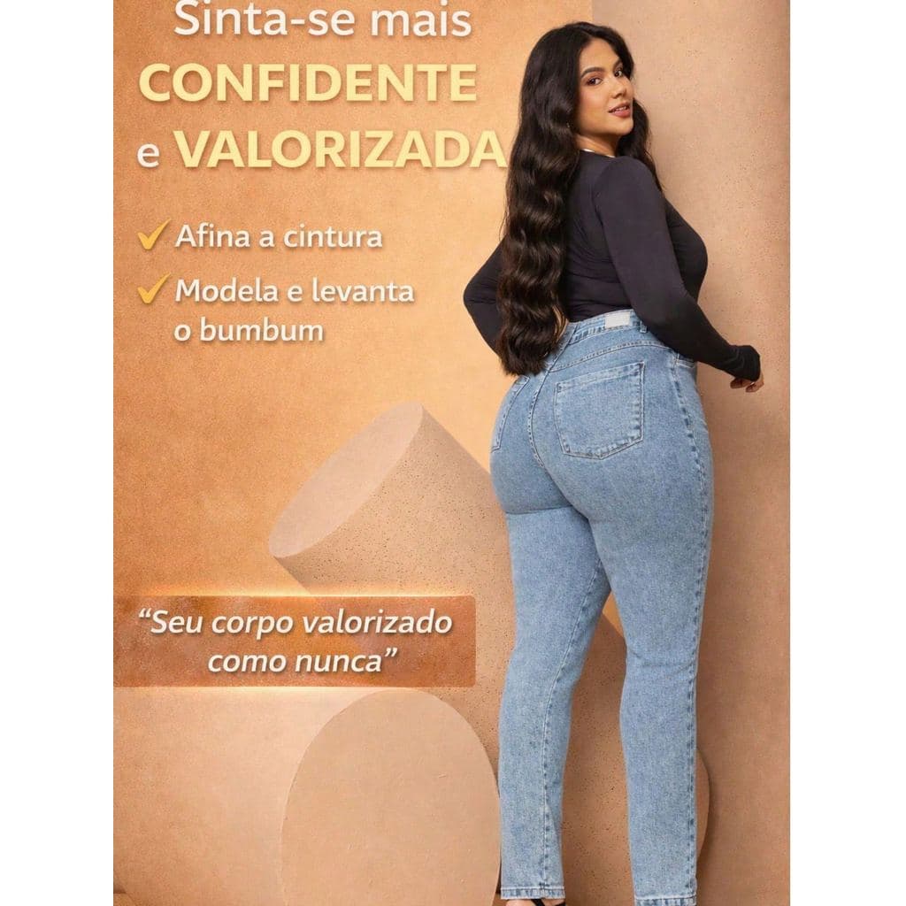 Calca Plus Size Mom Fit Marmorizada Modela Cintura Alta Super Elastano
