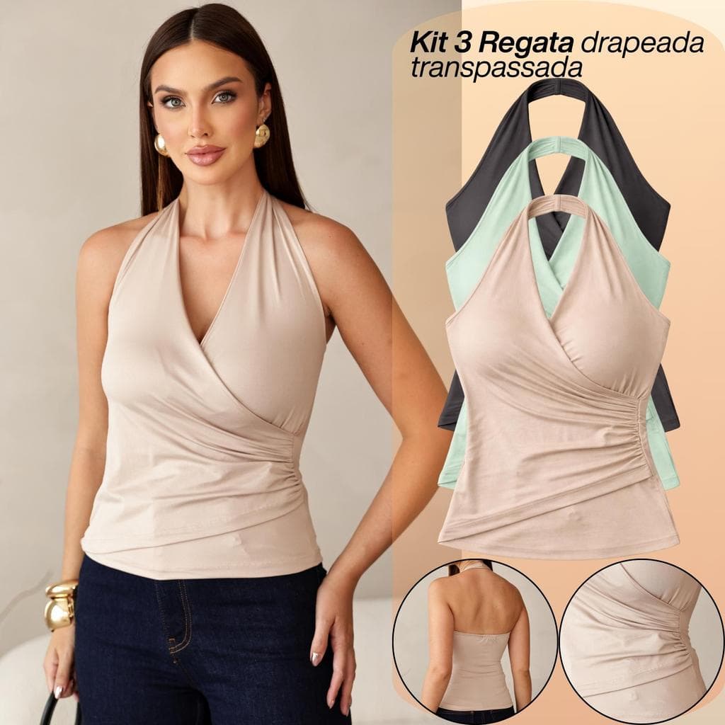 Kit 3 Blusas Regata Feminina Drapeada Decote Transpassado Alça no Pescoço Atemporal