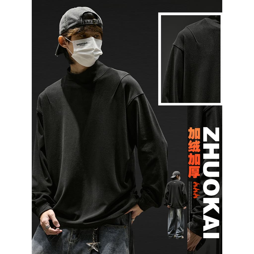 Mangas de ombro caídas soltas camiseta masculina outono inverno cor sólida quente masculino interior superior meia gola