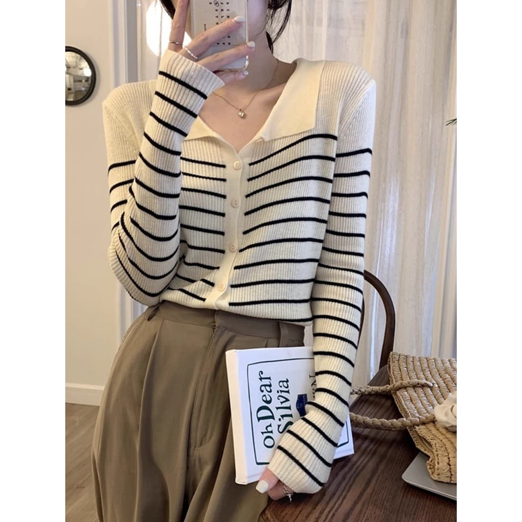 Cardigan de malha listrado polo lapela francês preguiçoso exterior camisola feminina primavera outono chique rosqueado B