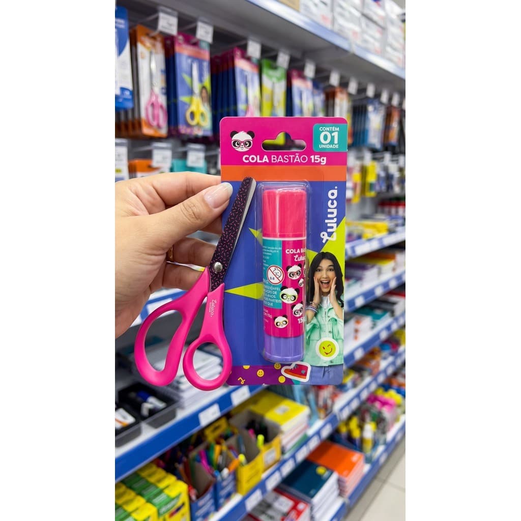 Kit Escolar 2 em 1 LULUCA Tesoura Infantil + Cola Bastão 15g Colorida