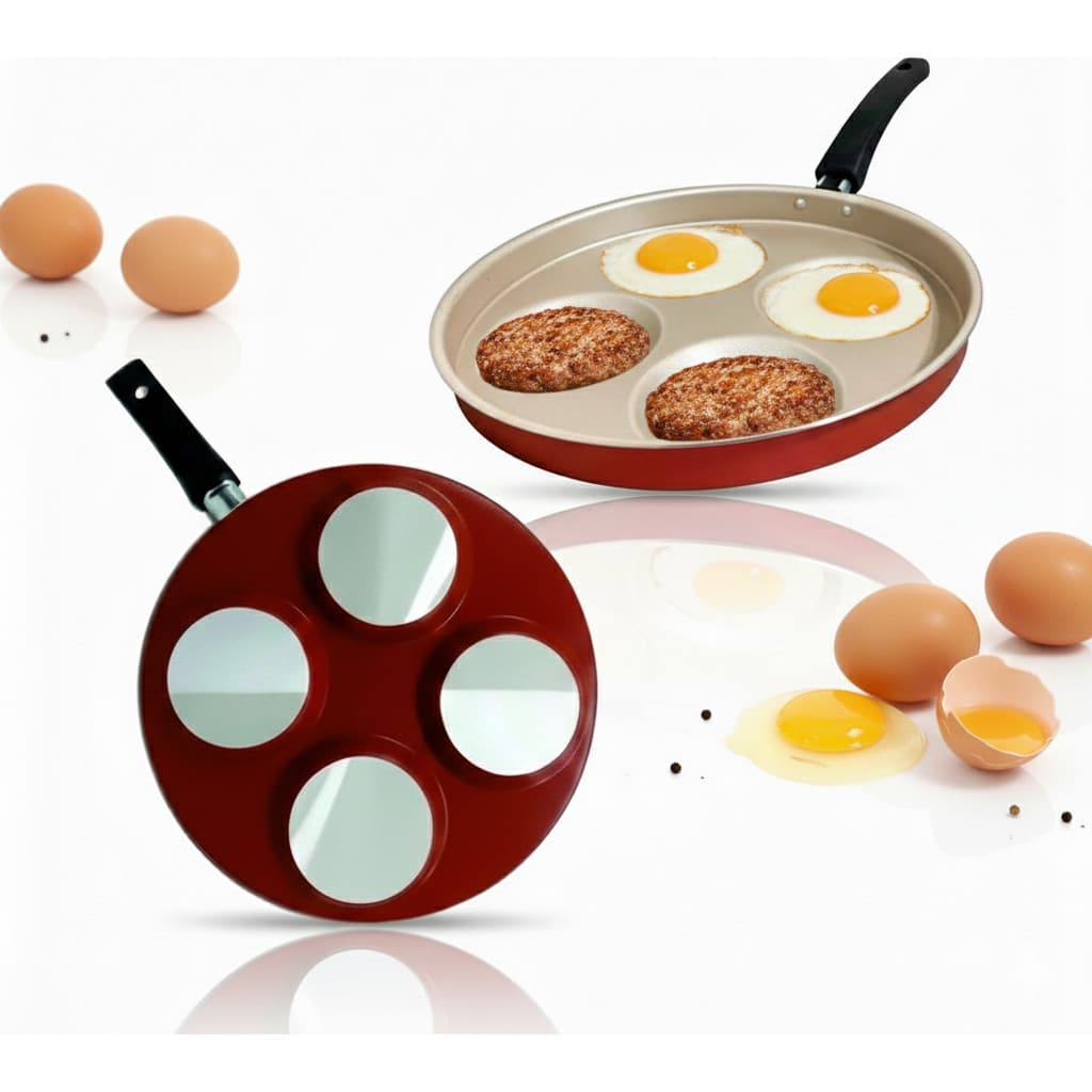 Frigideira 4 Divisórias Antiaderente Multiuso Ovos Omelete Panqueca Hambúrguer Café Manhã Cozinha Prática Cereja
