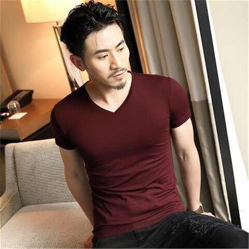 Verão masculino Modal gelo seda cor sólida manga curta camiseta com decote em v magro-ajuste branco puro meia manga cami