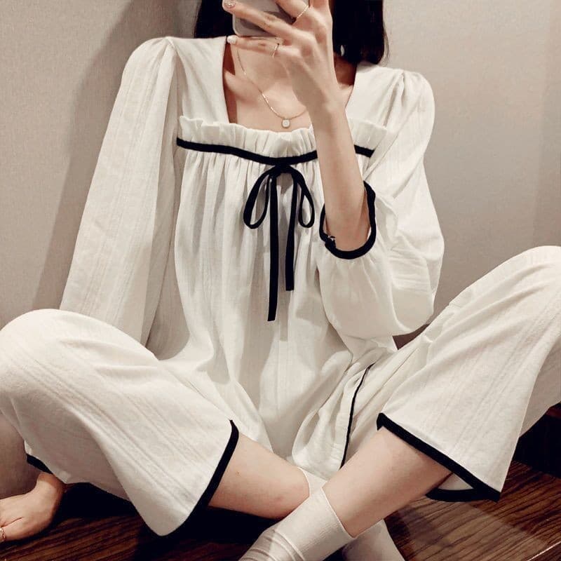 Primavera outono pijamas feminino arco manga longa estilo princesa doce Casual pode usar fora Homewear terno