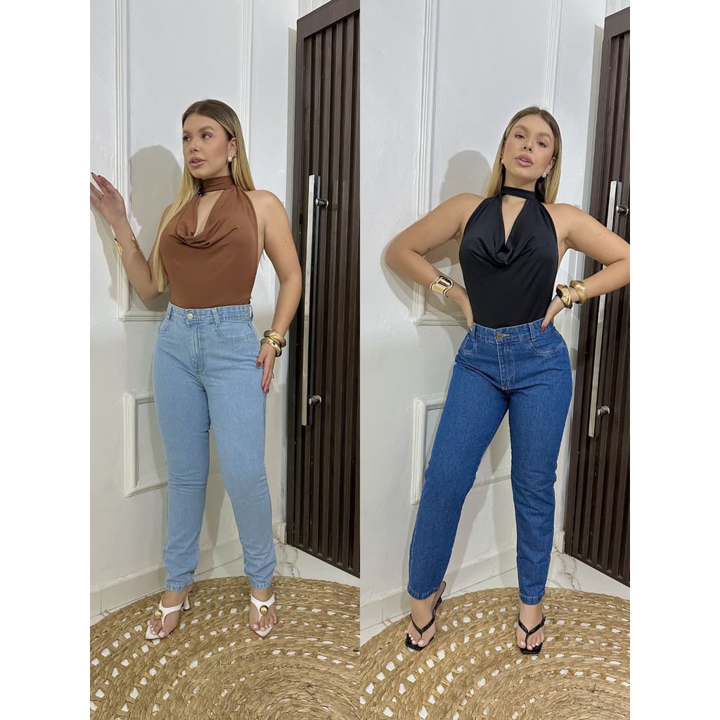 Kit 2 Calças Jeans Femininas Wide Leg Cargo Cintura Alta 4 Bolsos Laterais Denim Premium Casual Chic