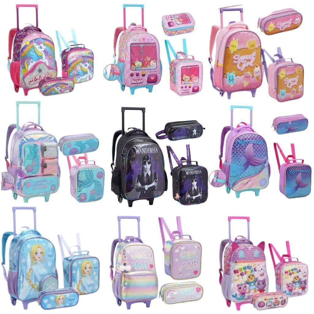 Kit Escolar Menina Infantil com Mochila de Rodinhas Completa