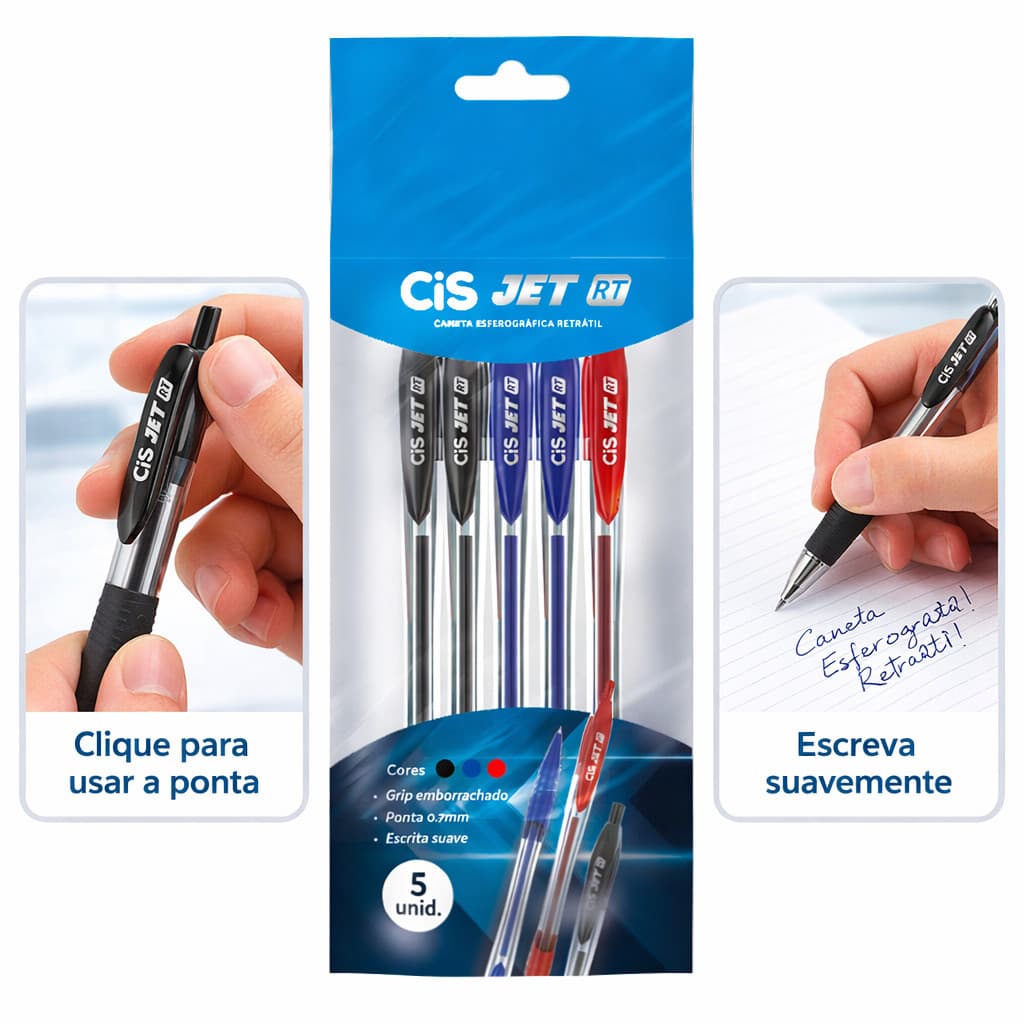 Caneta Esferografica Cis Jet Retratil Estojo com 5 Unidades Azul Preta e Vermelha