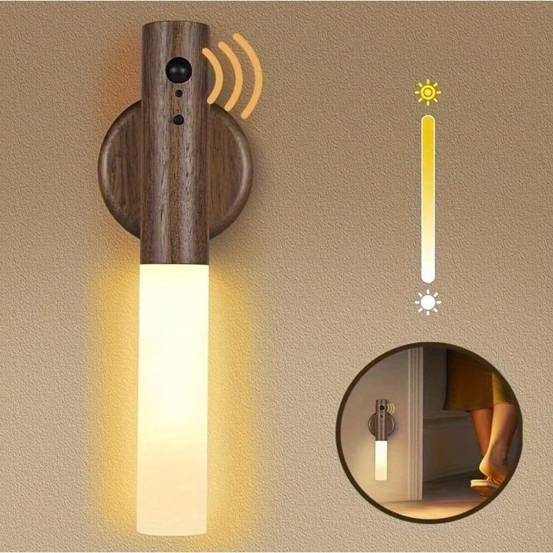 Luminária LED Recarregável com Sensor de Movimento Arandela Minimalista de Madeira para Parede e Mesa