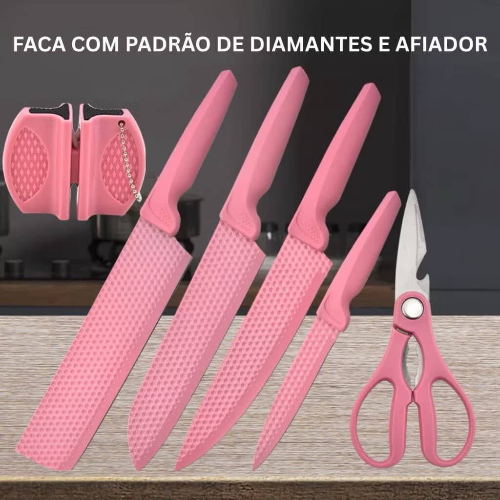 Conjunto de Facas Inox Rosa/Azul 6 Peças - Com Faca Chef, Santoku e Tesoura