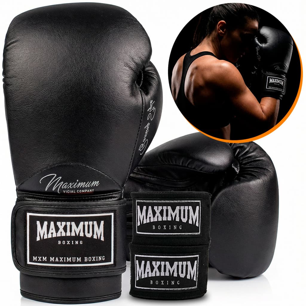Maximum Boxing Luvas de Boxe 12 OZ Cor Preta + Bandagem Maximum 3 Metros Cor Preta e Branca