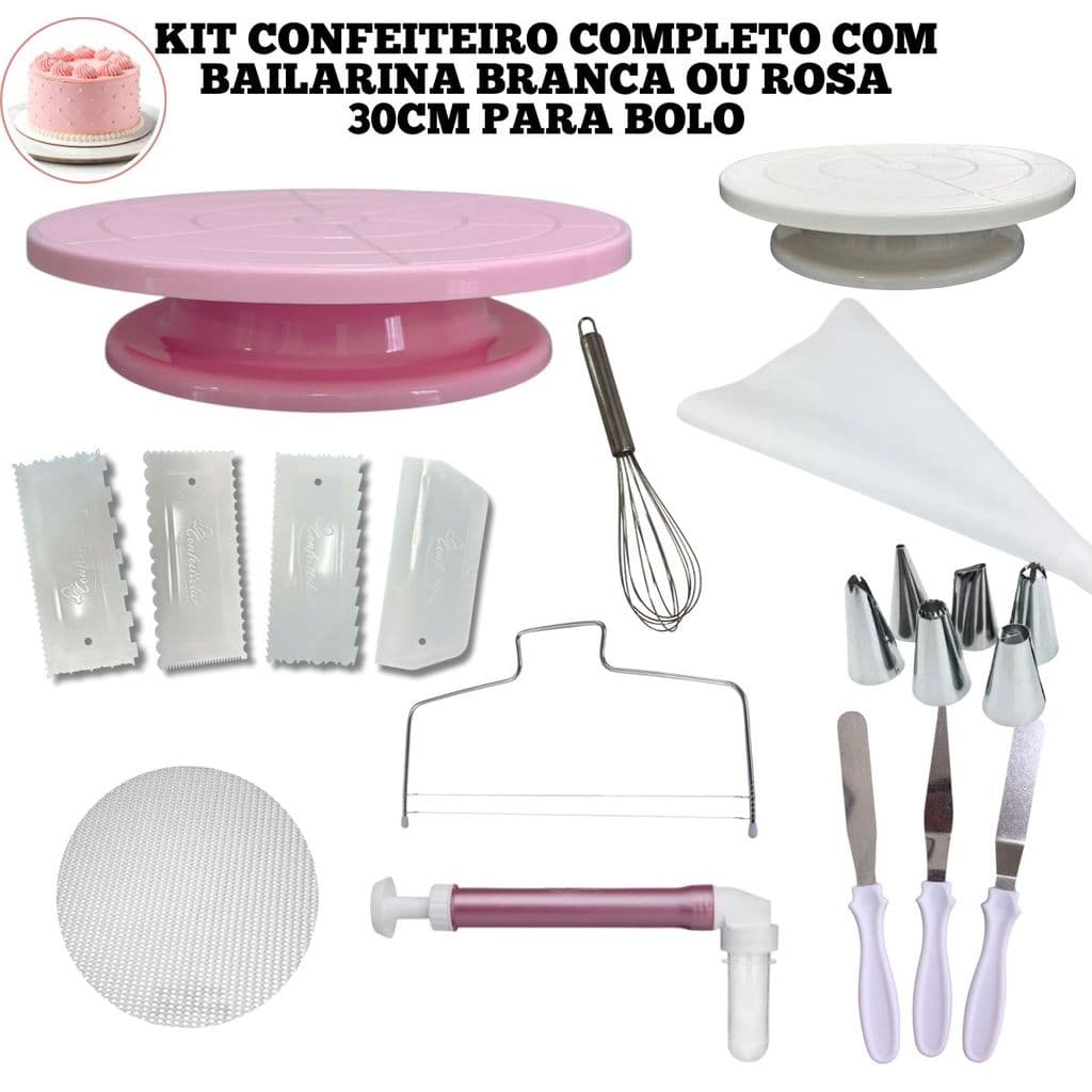 Kit Confeitaria com Bailarina Giratória 30cm/28cm Branca ou Rosa Raspador Espátula Saco de Confeitar