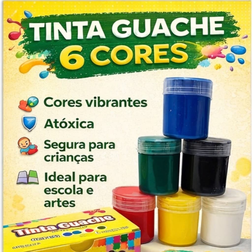 Guache 6 Cores 15ml Atóxica Escolar Infantil Kit Tinta 6un