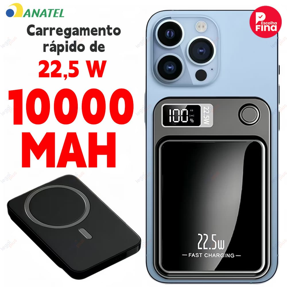 Power Bank MagSafe 10000 mAh com Tela - Carregador Sem Fio por Indução para Celular Android e iPhone