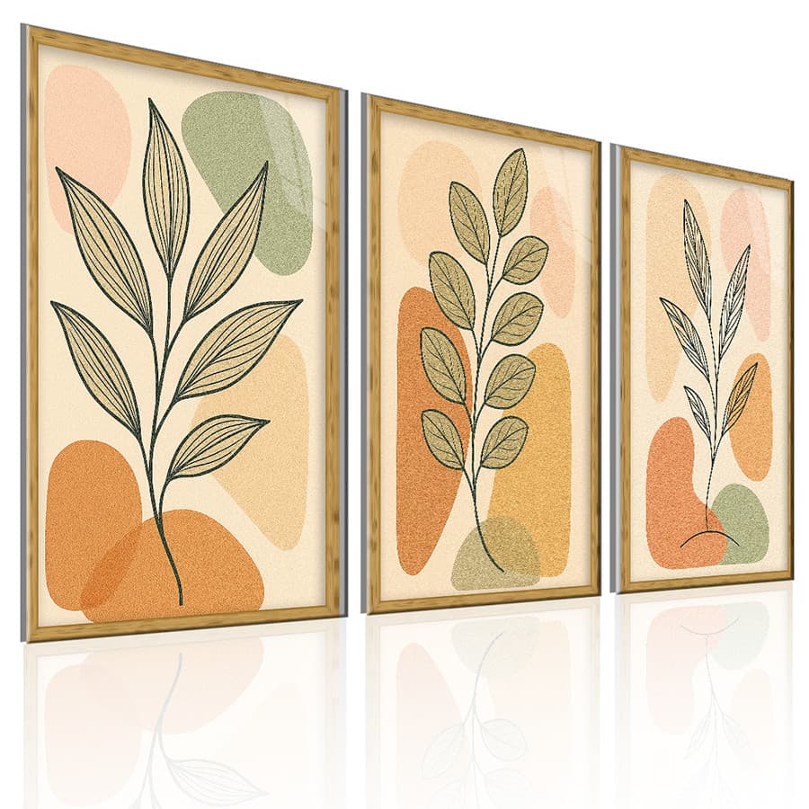 Kit 3 Quadros Decorativos Modernos Folhas Abstratas Decoração Sala e Quarto