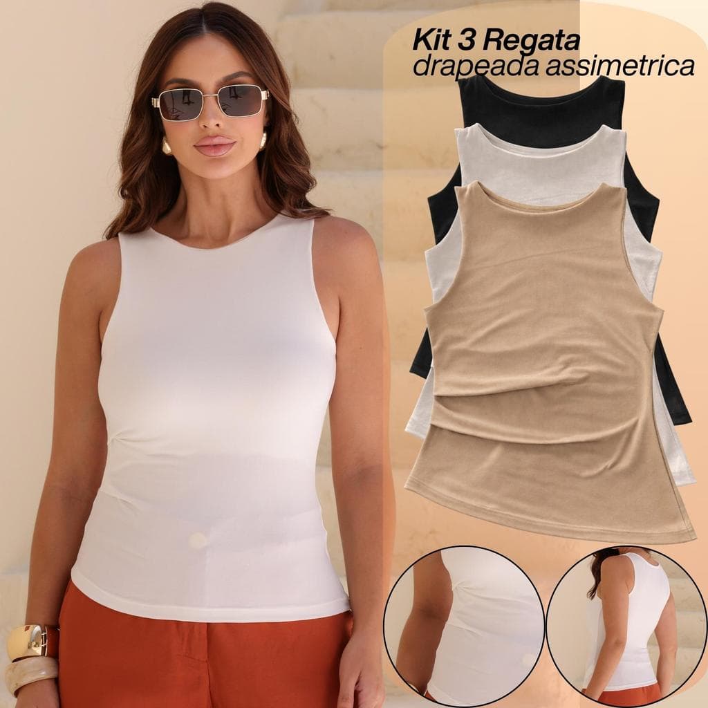 Kit 3 Blusas Regata Feminina Drapeada Assimetrica Alça Larga Malha Toque de Pessego Tendencia Verão