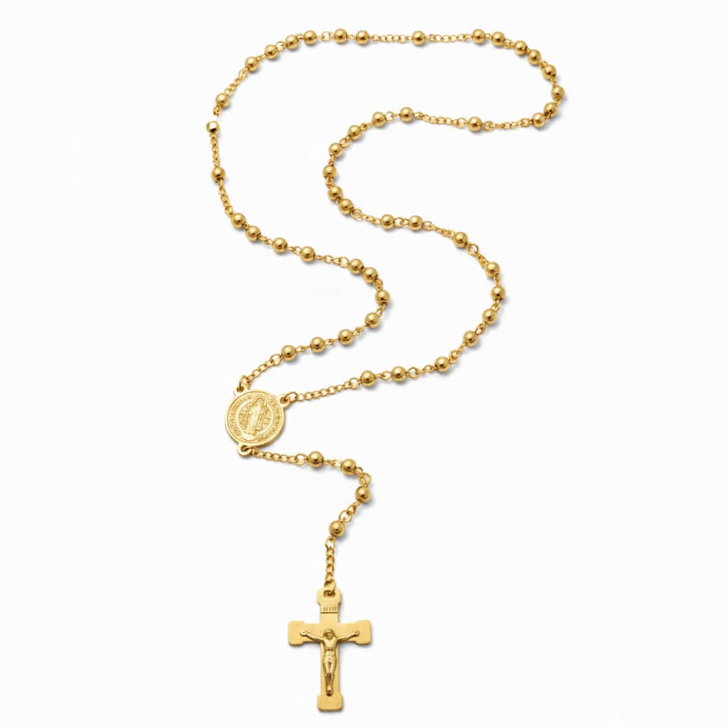 Colar Terço Jesus Medalha São Bento Inox Prateado Ou Dourado